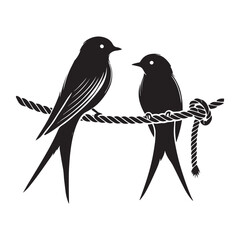 Romantic Birds Silhouette Perched on Rope Illustration