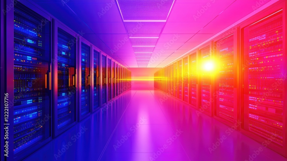 Poster Glowing server racks in a data center, emphasizing cybersecurity operations. The right side is left empty for customized text or graphic overlays