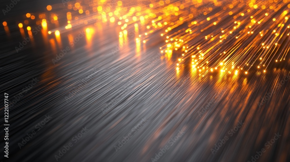 Poster glowing strands of fiber optic cable on a reflective metallic surface, emphasizing the strength and 