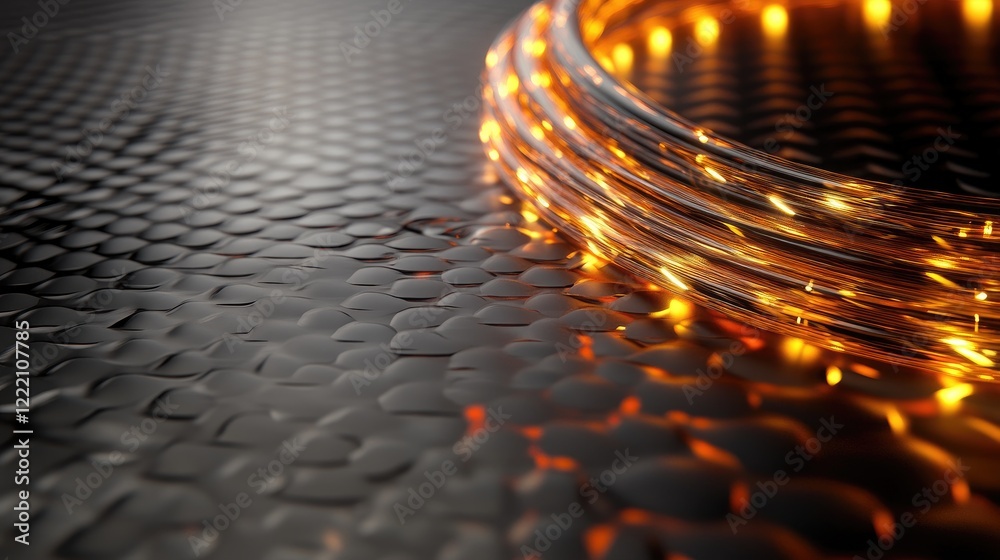 Poster glowing strands of fiber optic cable on a reflective metallic surface, emphasizing the strength and 