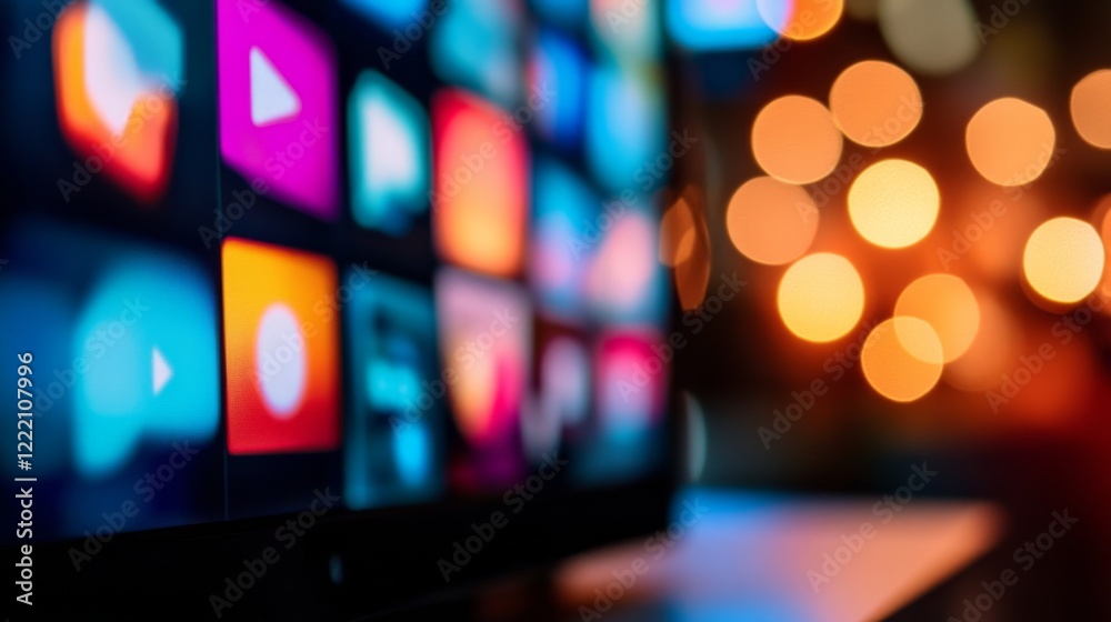 Poster A multimedia display features various streaming channel visuals surrounded by soft glowing lights, highlighting modern technology and content diversity