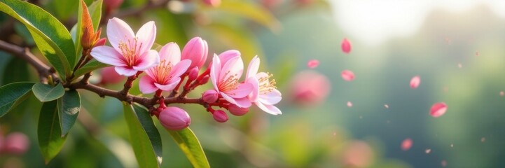 Obraz premium Pink and white flower buds gently falling off a mango tree in the wind, pink, blossom