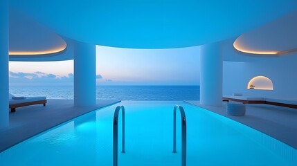 Obraz premium Luxurious modern villa interior design with panoramic ocean views and infinity pool Elegant and tranquil beachfront retreat in a serene and exclusive coastal setting