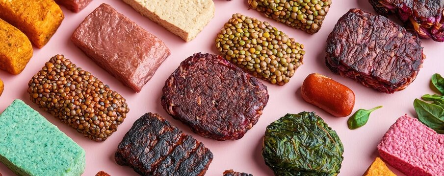 Meat alternatives foods idea. Colorful assortment of gourmet plant-based snacks displayed on a pink background.