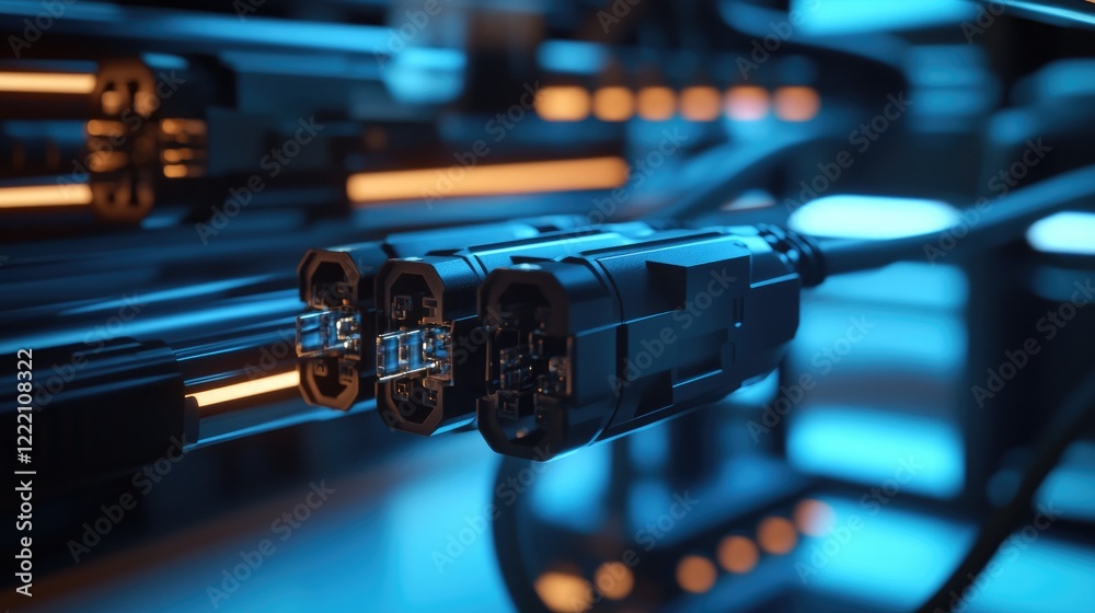 Poster high-performance fiber optic mtp (mpo) pigtail and patchcord connectors, neatly displayed in a moder