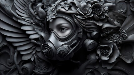 Monochromatic Angel: A Sculpted Portrait of Contrasting Beauty and Protection