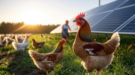 Sustainable Farming: Two hens stand in the foreground of a lush green pasture with a flock of chickens and solar panels in the background, showcasing sustainable agricultural practices at sunset. 