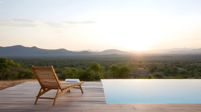 Fototapeta Luxurious safari lodge with a private plunge pool offering a serene and tranquil sunset view overlooking the vast savanna landscape