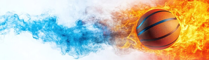 Obraz premium Flying basketball burning in flames, orange and blue gradient fire color on white background.