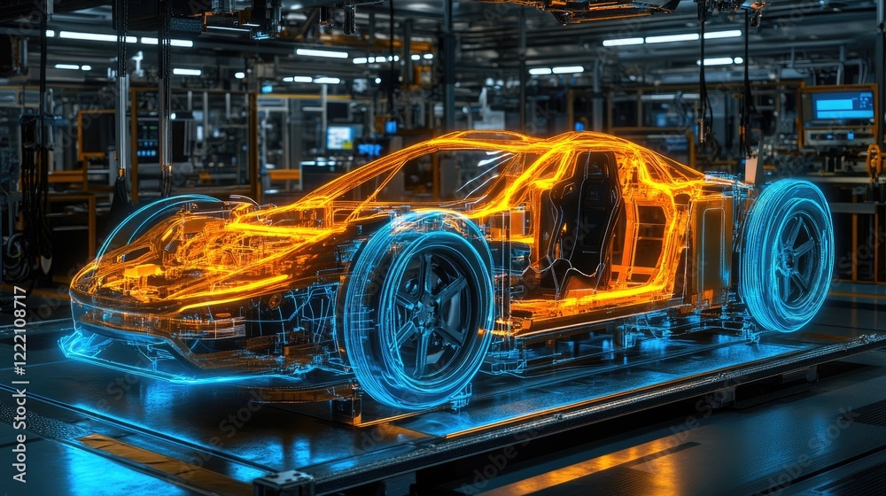 Poster holographic display of an electric sport car chassis in an automated factory, highlighting the preci
