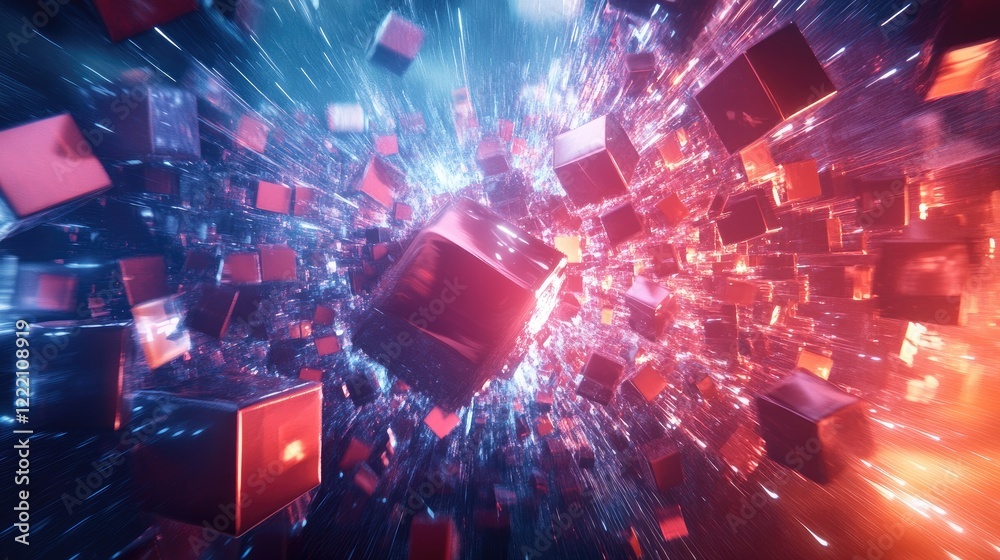 Poster interconnected abstract data cubes in a digital space, showcasing futuristic technology and the flow