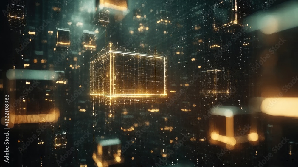Poster interconnected abstract data cubes in a digital space, showcasing futuristic technology and the flow