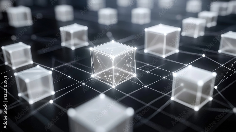 Poster interconnected abstract data cubes in a digital space, showcasing futuristic technology and the flow