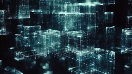 Obraz premium Interconnected abstract data cubes in a digital space, showcasing futuristic technology and the flow of information in data networks