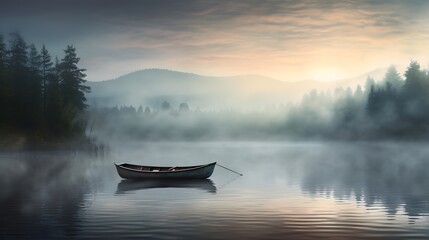 Solitary rowboat drifting through the serene misty waters of a quiet river surrounded by an ethereal atmospheric landscape