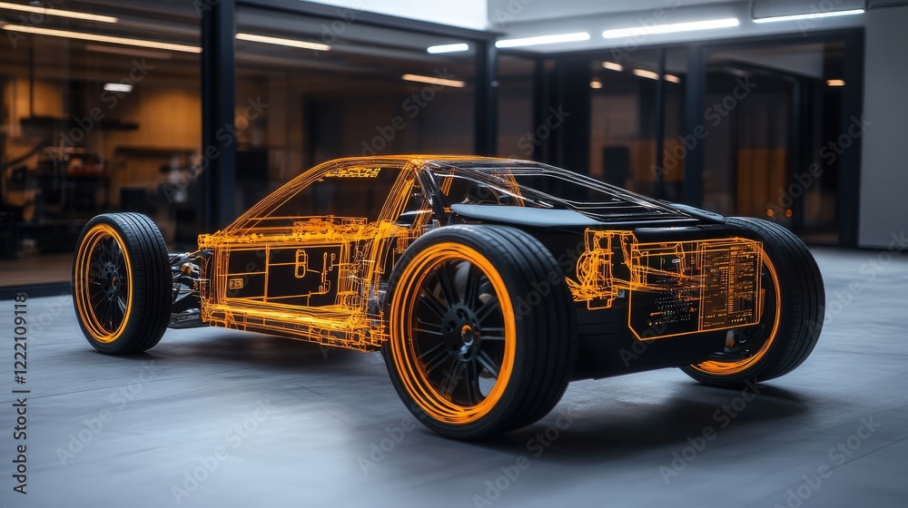 Poster lightweight chassis of an electric vehicle displayed with a digital holographic interface showing li