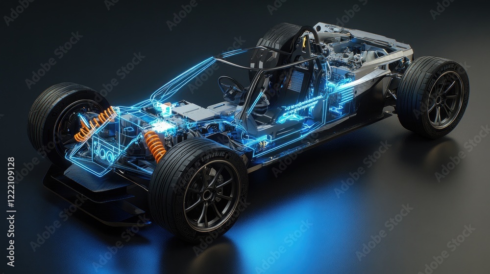 Poster Lightweight chassis of an electric vehicle displayed with a digital holographic interface showing live performance data, stress analysis, and engineering insights
