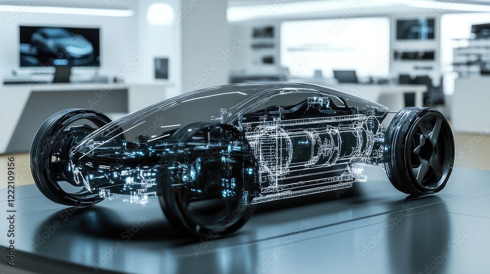 Poster Lightweight chassis of an electric vehicle, enhanced by a dynamic holographic display showing real-time performance and engineering stress analysis