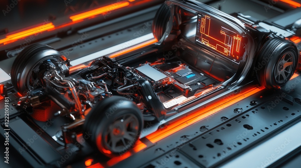 Poster Lightweight chassis of an electric vehicle, enhanced by a dynamic holographic display showing real-time performance and engineering stress analysis