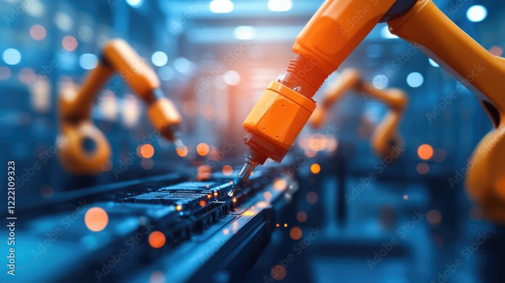 Poster manufacturing facility with robotic arms assembling battery cell housing systems, featuring ambient 
