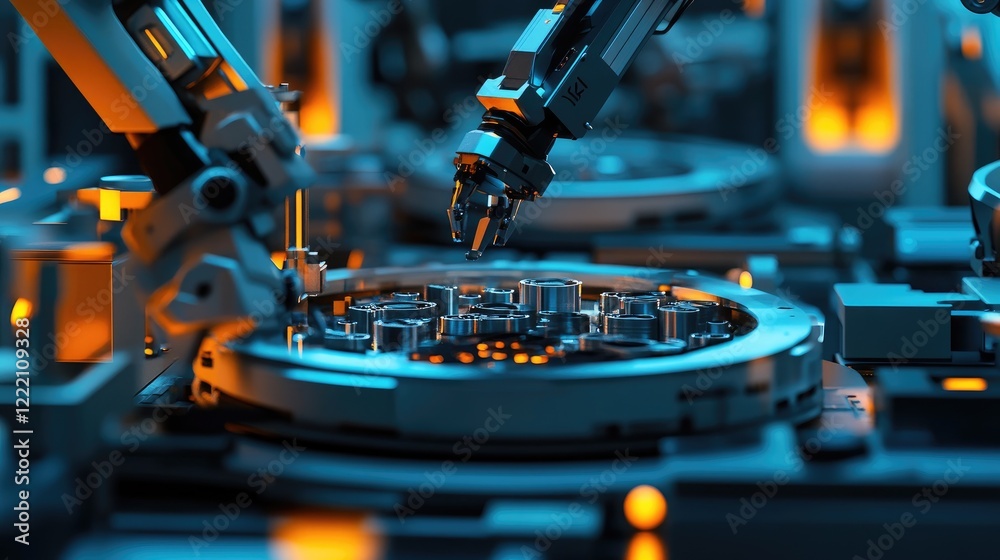 Poster manufacturing facility with robotic arms assembling battery cell housing systems, featuring ambient 