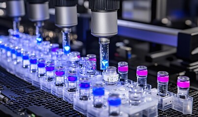 Robotic lab equipment analyzes colorful samples in test tubes, aiding scientific research