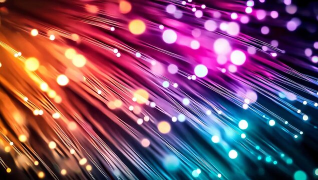 A colorful close-up of fiber optic cables, with light beams flowing through them in various colors. The background is dark and blurred to highlight the glowing lights within each cable. rapid interne