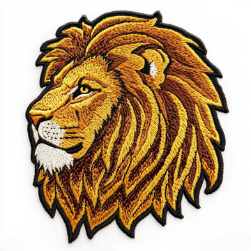 A lion embrodiery patch on white background.