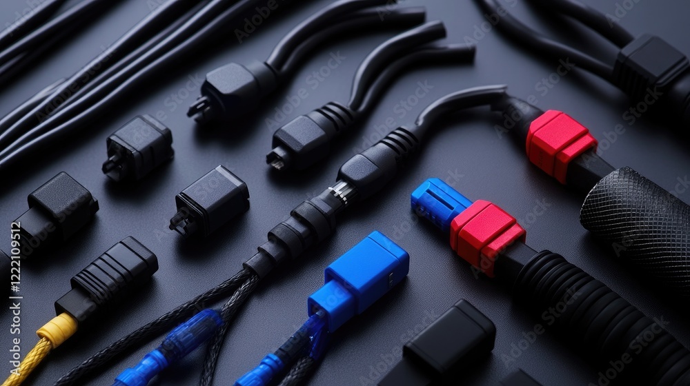 Poster neatly arranged mtp (mpo) pigtail and patchcord fiber optic connectors, showcasing high-performance 