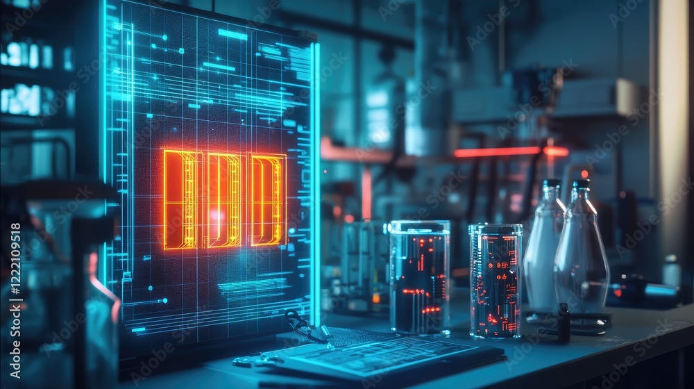 Poster Neon-lit laboratory scene showing a 3D battery cooling system model on a digital interface, symbolizing advanced technology and cooling efficiency