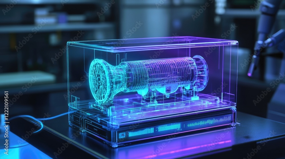 Poster neon-lit laboratory scene showing a 3d battery cooling system model on a digital interface, symboliz