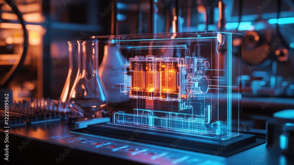 Aufkleber neon-lit laboratory scene showing a 3d battery cooling system model on a digital interface, symboliz