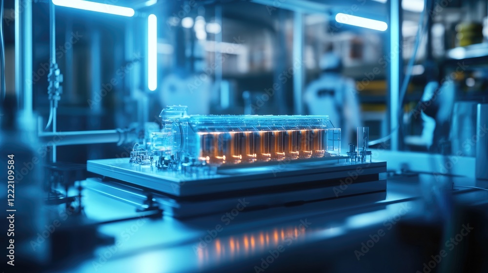 Poster Neon-lit laboratory scene showing a 3D battery cooling system model on a digital interface, symbolizing advanced technology and cooling efficiency