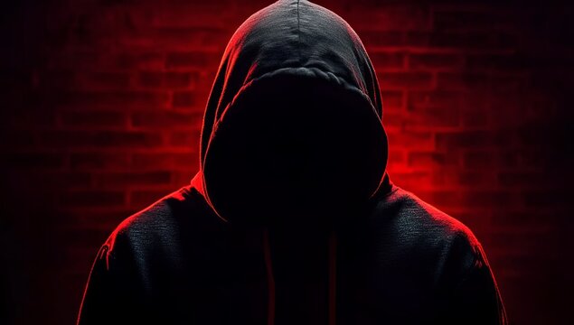 Hacker or scammer character in a dark room, with a red light illuminating the silhouette of an enigmatic hacker.