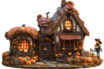 Obraz premium Enchanting Halloween Cottage with Pumpkins and Scarecrow Surrounded by Autumn Foliage and Warm Glow of Lanterns