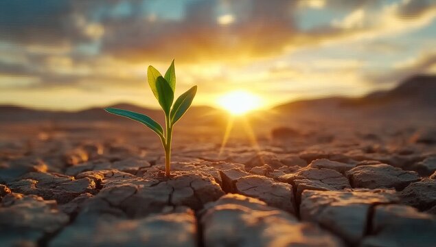 Dried brown cracked earth, a small green bush growing in the cracks of dry ground. The scene conveys hope and determination as nature demonstrates its resilience against extreme conditions.