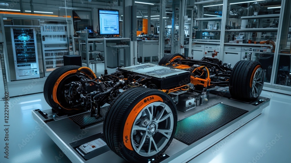 Aufkleber Powertrain of an electric vehicle displayed in a high-tech lab with holographic elements showing performance metrics, diagnostics, and key data for system analysis