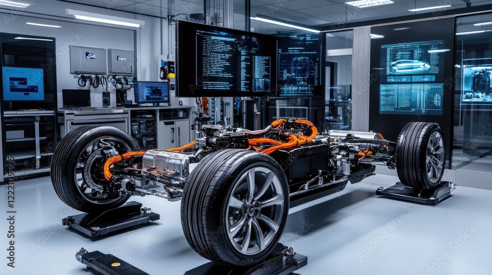 Poster Powertrain of an electric vehicle displayed in a high-tech lab with holographic elements showing performance metrics, diagnostics, and key data for system analysis