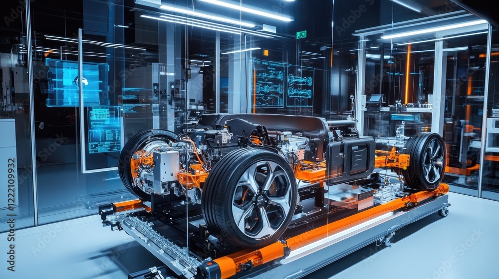 Aufkleber Powertrain of an electric vehicle displayed in a high-tech lab with holographic elements showing performance metrics, diagnostics, and key data for system analysis