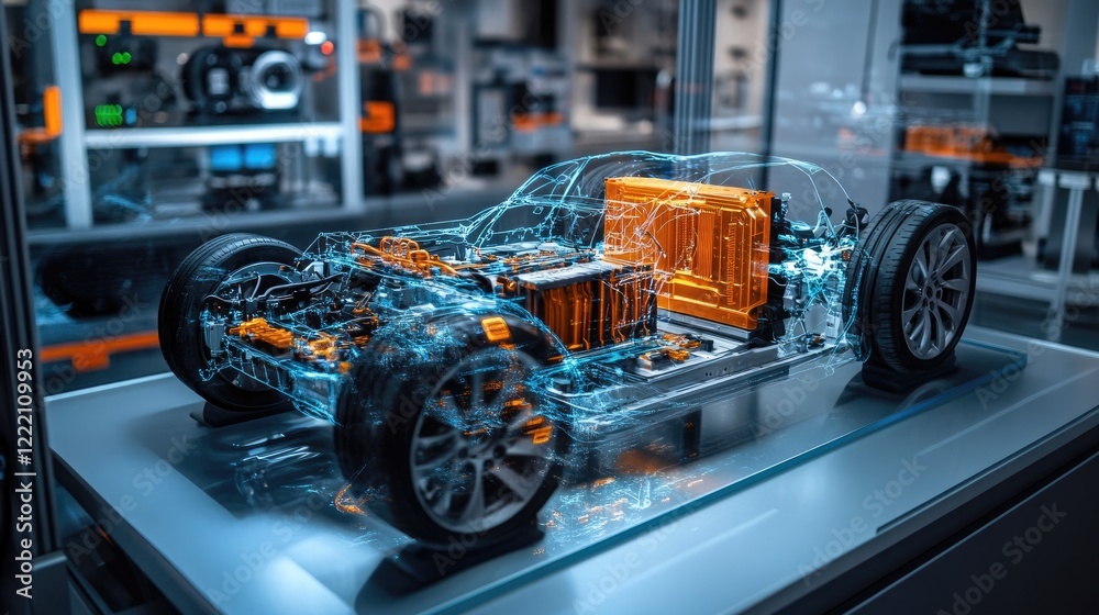 Aufkleber Powertrain of an electric vehicle showcased in a high-tech lab with interactive holographic elements displaying real-time performance stats, diagnostics, and system analysis