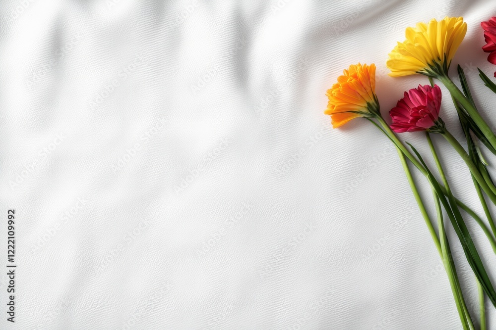 Poster a close-up view of a single bouquet displaying vibrant blooms against a soft fabric background, high