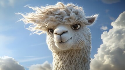 Obraz premium Funny alpaca on a windy day. South American camelid.