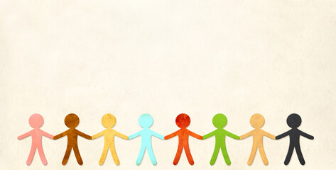 Horizontal background with colorful cutout paper people. Paper human figures holding hands together. International day for tolerance topic. Inclusion, diversity, acceptance, unity and teamwork concept