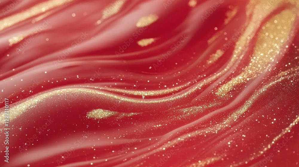 Poster red liquid with shimmering golden sparkles swirling in a mesmerizing pattern, evoking a cosmic, magi