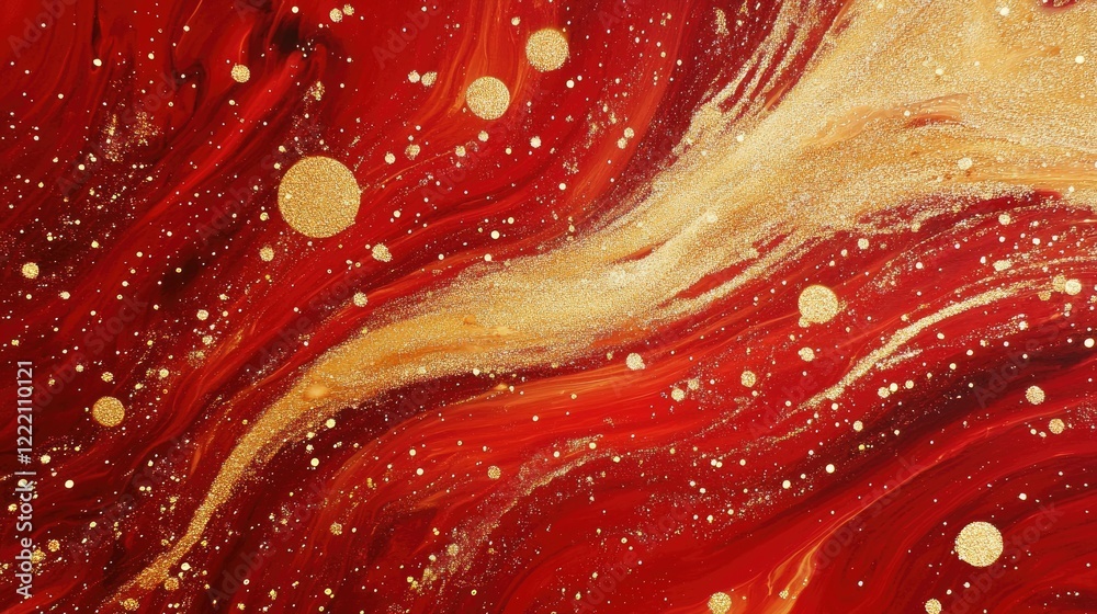 Poster red liquid with shimmering golden sparkles swirling in a mesmerizing pattern, evoking a cosmic, magi