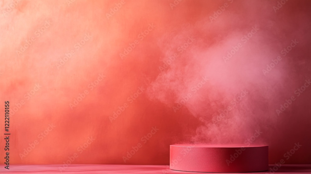 Poster close-up view of a red podium designed for modern displays, highlighted by soft pastel clouds and dr