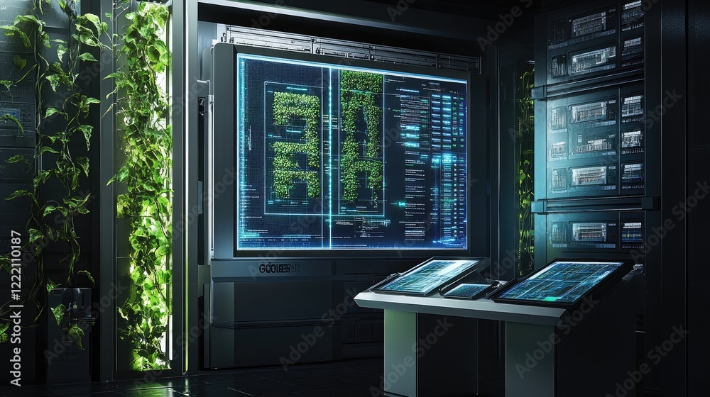 Poster Research lab featuring a digital display with a 3D holographic model of an efficient energy storage system, emphasizing progress in clean energy technology