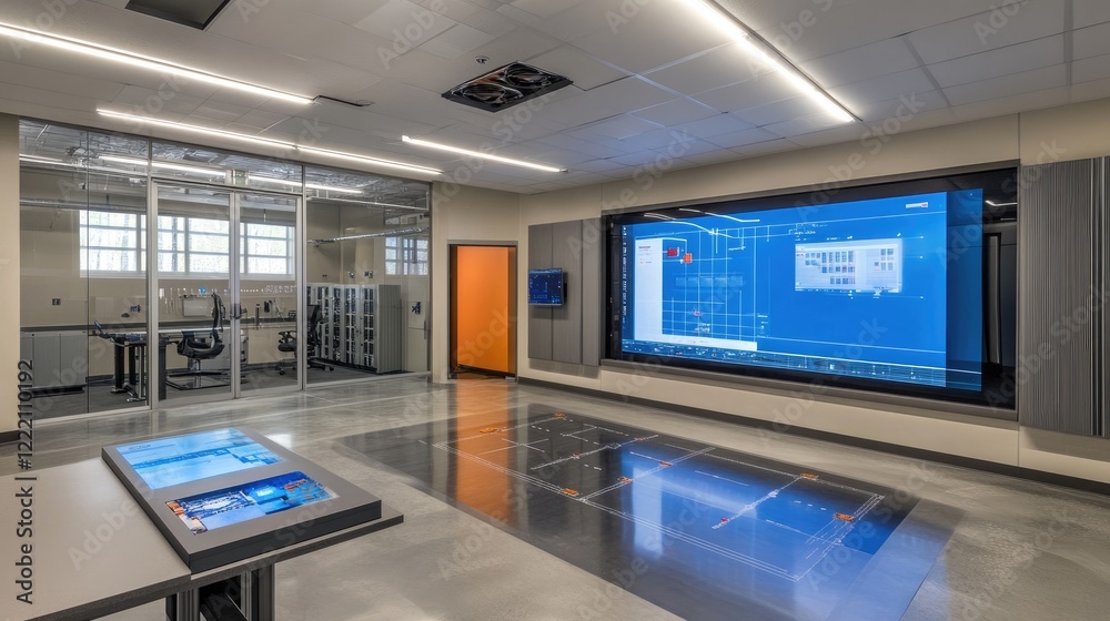 Poster Research lab featuring a digital display with a 3D holographic model of an efficient energy storage system, emphasizing progress in clean energy technology