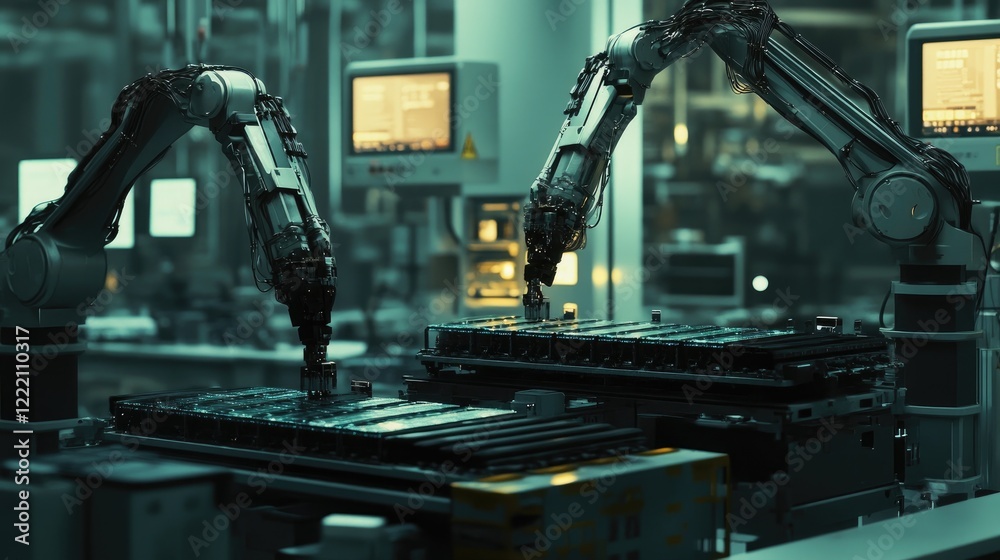 Aufkleber robotic arms assembling a battery cell housing system in a high-tech manufacturing facility, with am