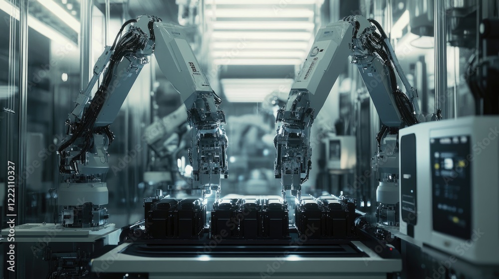 Poster robotic arms assembling a battery cell housing system in a high-tech manufacturing facility, with am